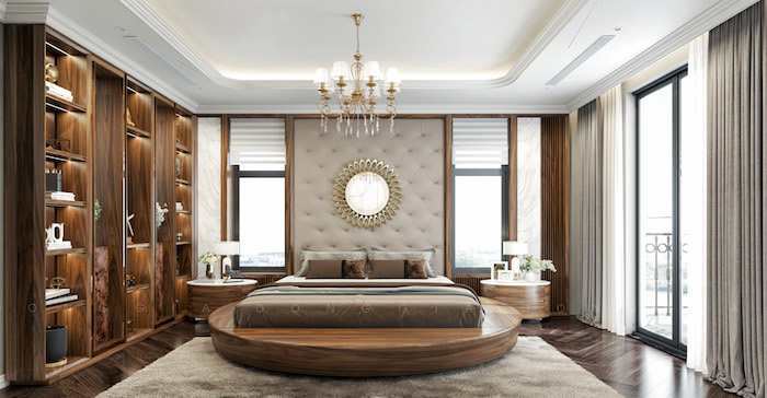 Phòng ngủ nên chọn những gam màu nhã nhặn như: trắng, xám, xanh nhạt hoặc những chất liệu từ gỗ để đem lại cảm giác thoải mái, thư thái.